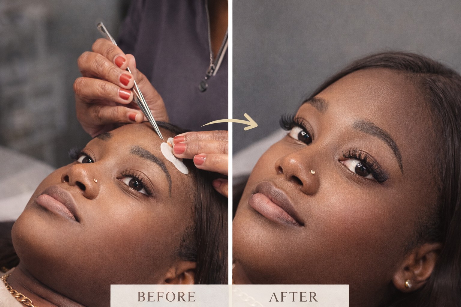 Before and after lash extensions at Lash Box Syosset